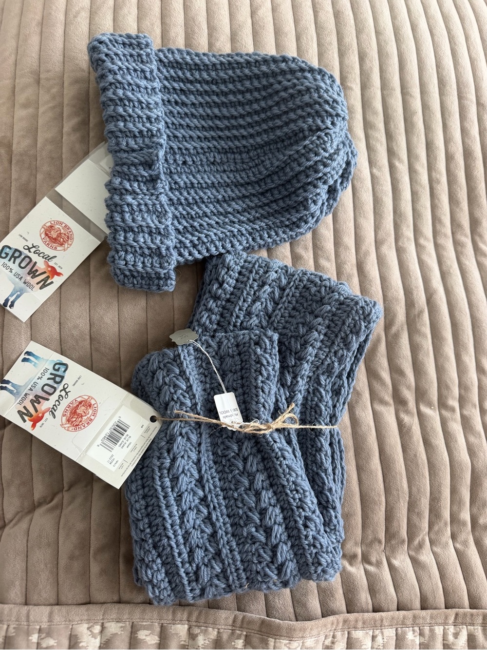 Crochet new Beanie and Scarf Set - Dusty Blue 100% wool adult size